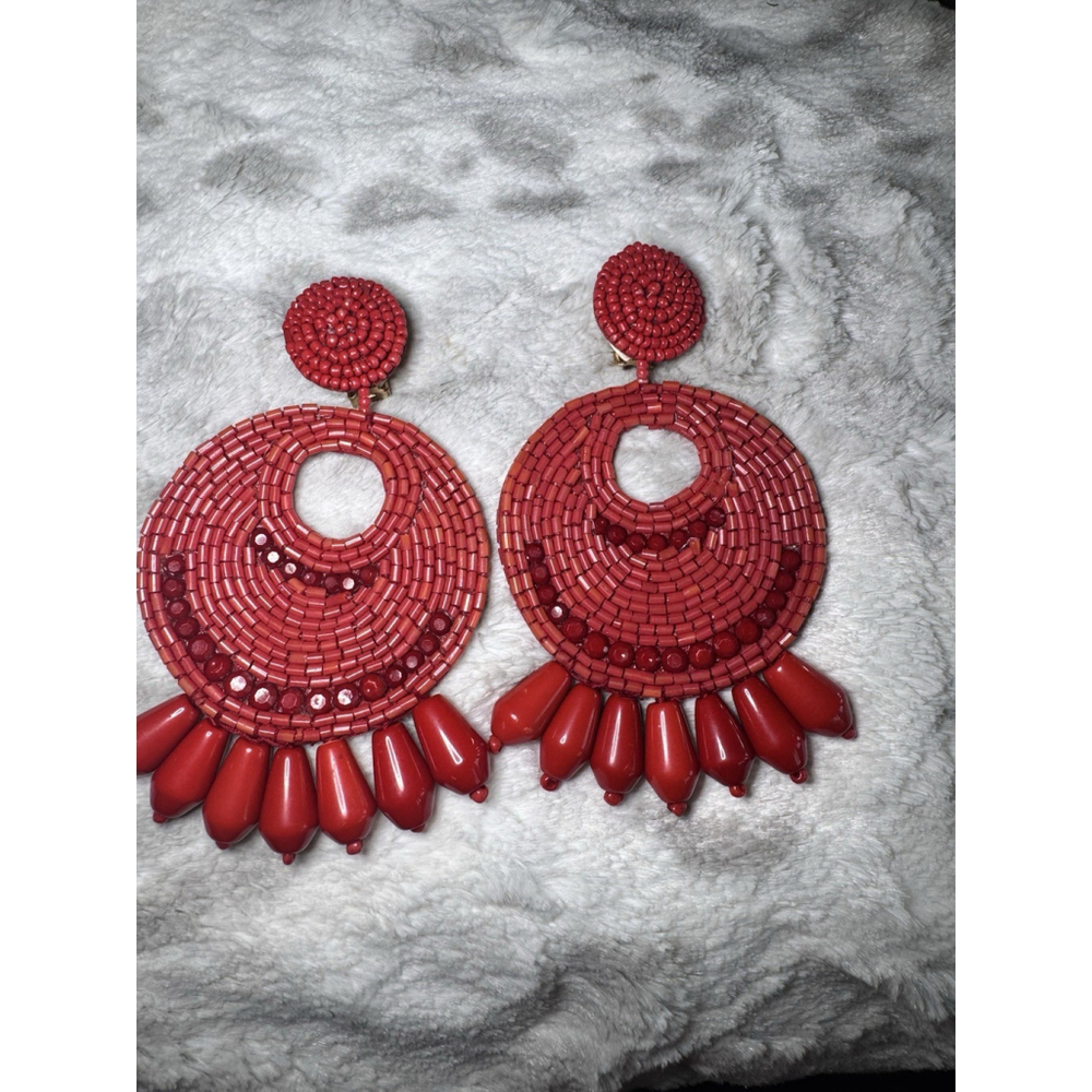 HSN KJL by Kenneth Jay Lane" Legendary Boho" Red Dangle Earrings Pierce - Picture 9 of 10